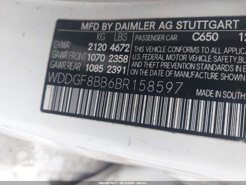 2011 Mercedes-Benz C 300 VIN: WDDGF8BB6BR158597 Lot: 43016217