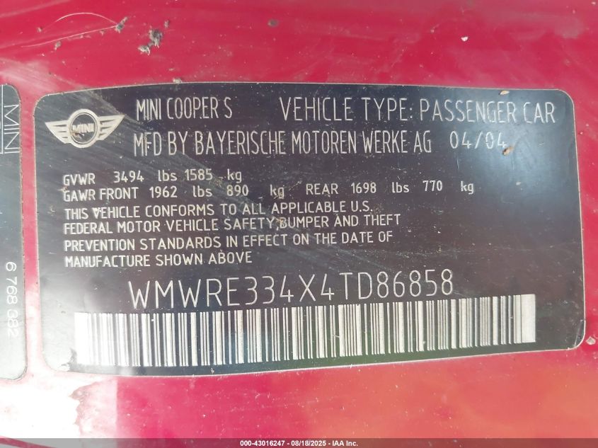 2004 Mini Cooper S VIN: WMWRE334X4TD86858 Lot: 43016247