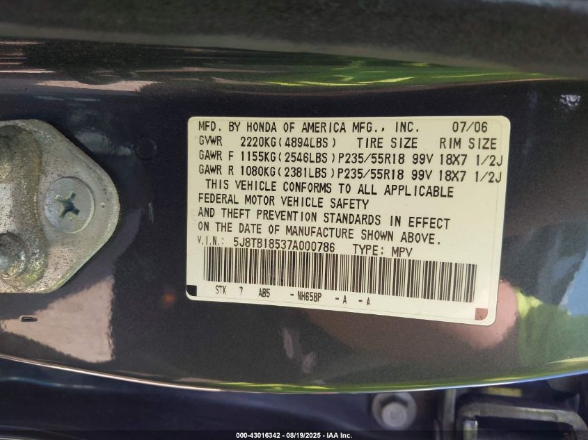 2007 Acura Rdx VIN: 5J8TB18537A000786 Lot: 43016342