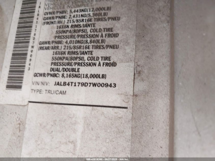 2013 Isuzu Commercial Van VIN: JALB4T179D7W00943 Lot: 43016360