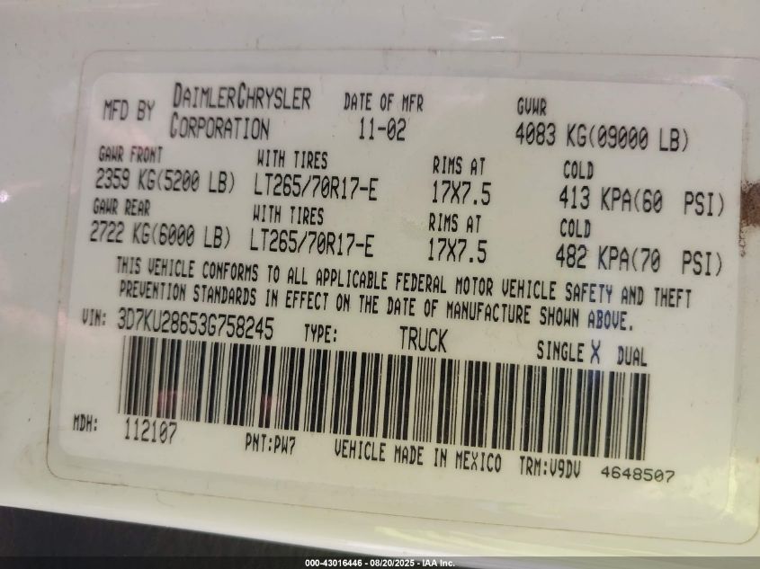 2003 Dodge Ram 2500 Slt/Laramie/St VIN: 3D7KU28653G758245 Lot: 43016446
