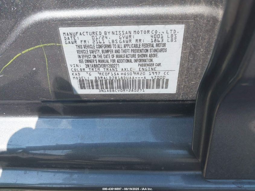 2024 Nissan Sentra Sv Xtronic Cvt VIN: 3N1AB8CV0RY280271 Lot: 43016597