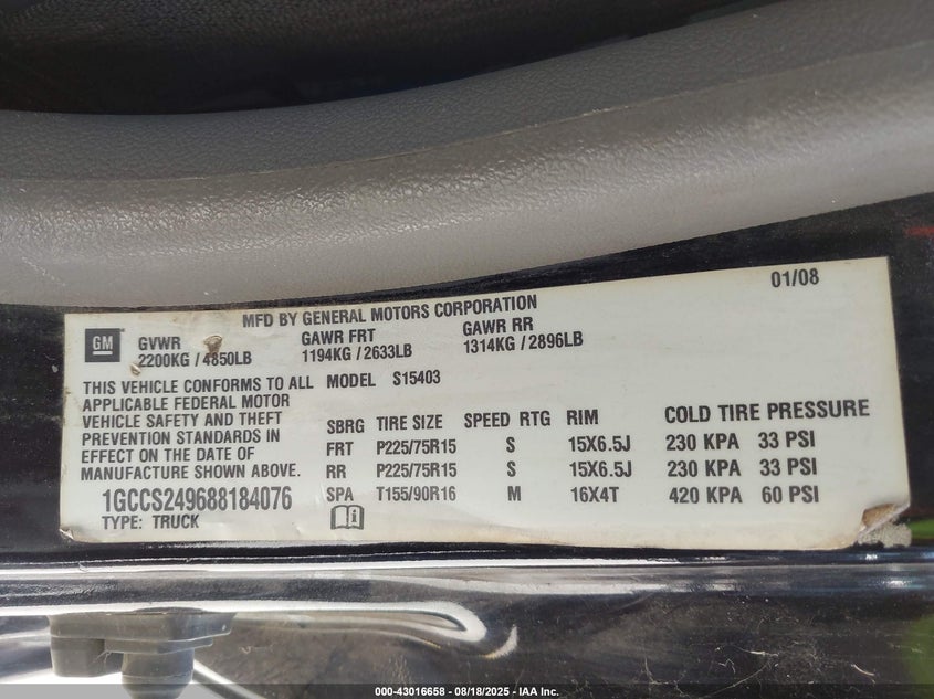 2008 Chevrolet Colorado Ls VIN: 1GCCS249688184076 Lot: 43016658