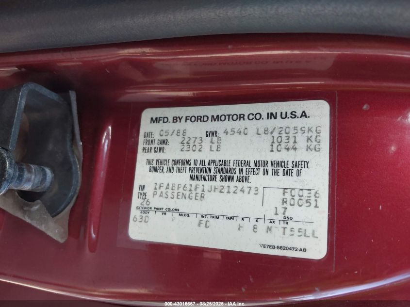 1988 Ford Thunderbird Sport VIN: 1FABP61F1JH212473 Lot: 43016667