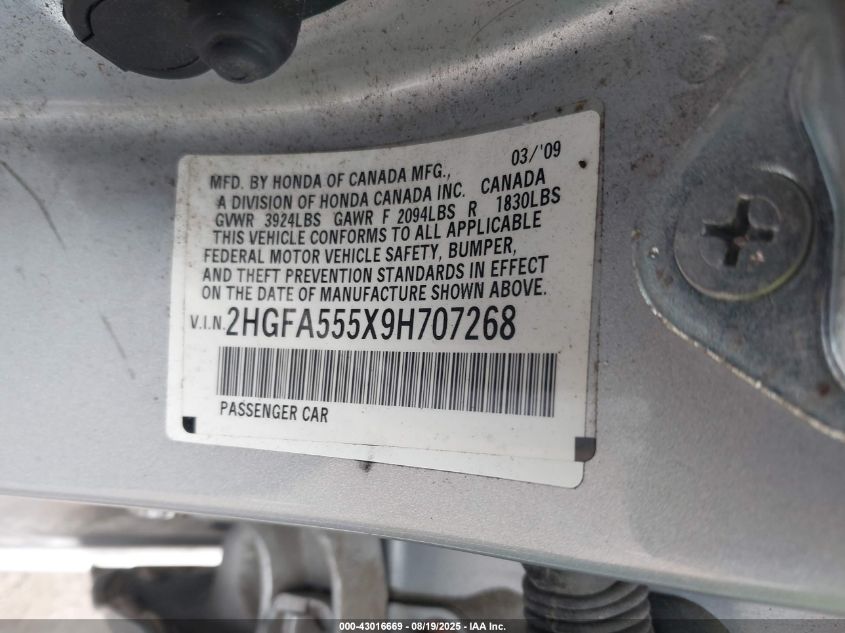 2009 Honda Civic Si VIN: 2HGFA555X9H707268 Lot: 43016669
