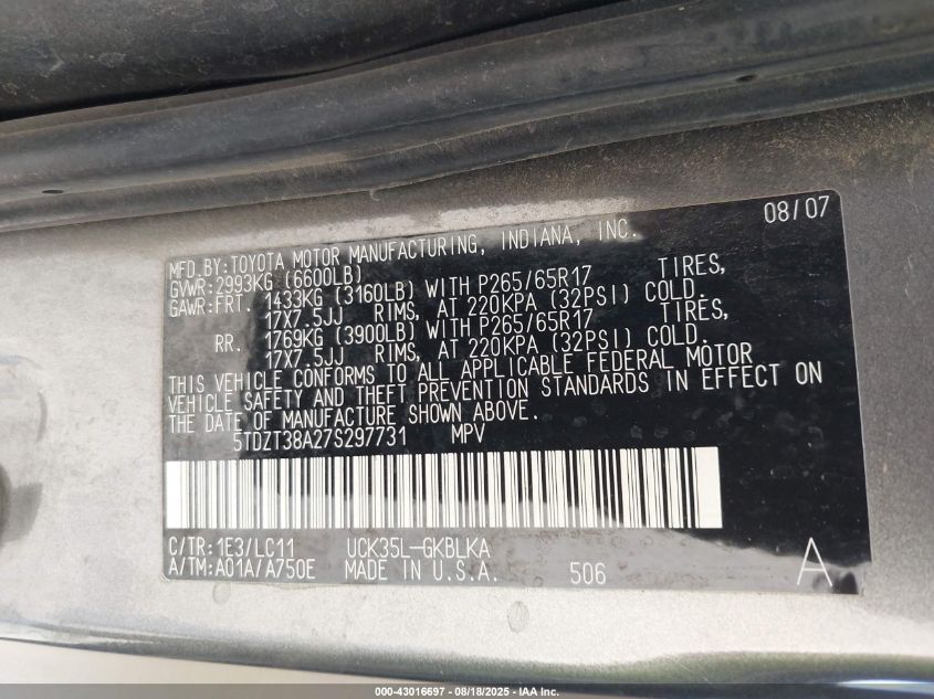 2007 Toyota Sequoia Limited V8 VIN: 5TDZT38A27S297731 Lot: 43016697