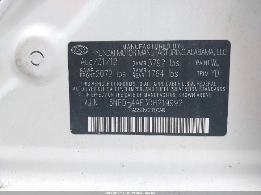 2013 Hyundai Elantra Gls VIN: 5NPDH4AE3DH219992 Lot: 43016715