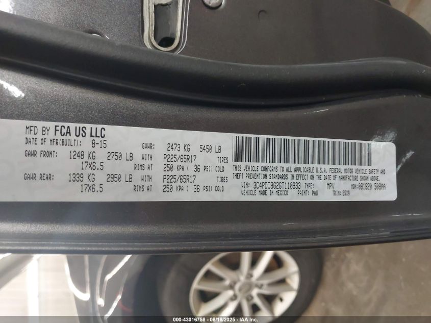 2016 Dodge Journey Sxt VIN: 3C4PDCBG2GT110933 Lot: 43016758