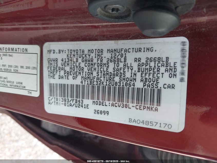 2002 Toyota Camry Le VIN: 4T1BE32K12U031064 Lot: 43016779