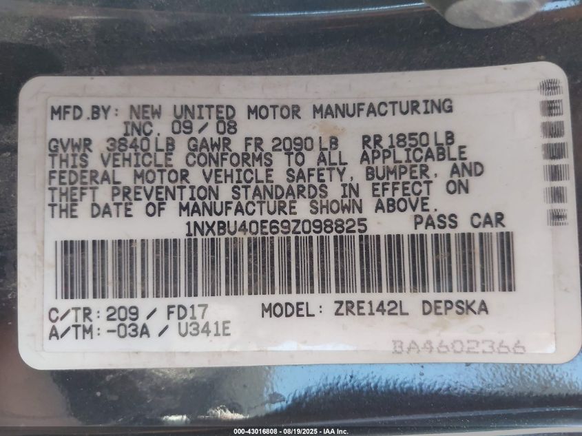 2009 Toyota Corolla S VIN: 1NXBU40E69Z098825 Lot: 43016808