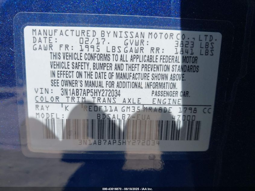 2017 Nissan Sentra S VIN: 3N1AB7AP5HY272034 Lot: 43016870