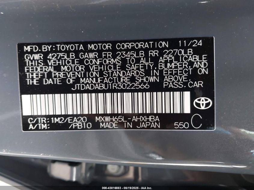 2024 Toyota Prius Limited Awd-E VIN: JTDADABU1R3022566 Lot: 43016883