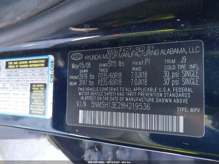 2008 Hyundai Santa Fe Limited/Se VIN: 5NMSH13E28H219536 Lot: 43016903