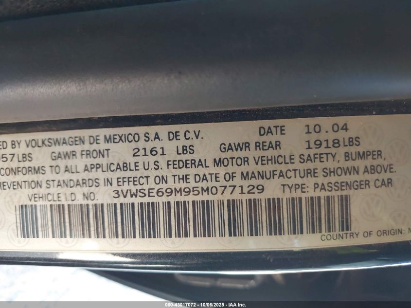 2005 Volkswagen Jetta Gli 1.8T VIN: 3VWSE69M95M077129 Lot: 43017072