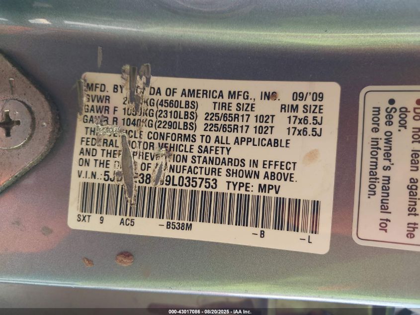 2009 Honda Cr-V Ex-L VIN: 5J6RE38709L035753 Lot: 43017086