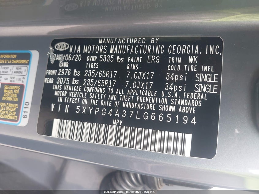 2020 Kia Sorento 2.4L Lx VIN: 5XYPG4A37LG665194 Lot: 43017096