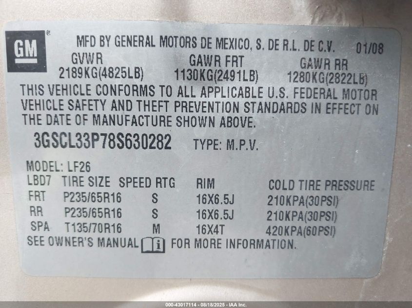 2008 Saturn Vue 4-Cyl Xe VIN: 3GSCL33P78S630282 Lot: 43017114