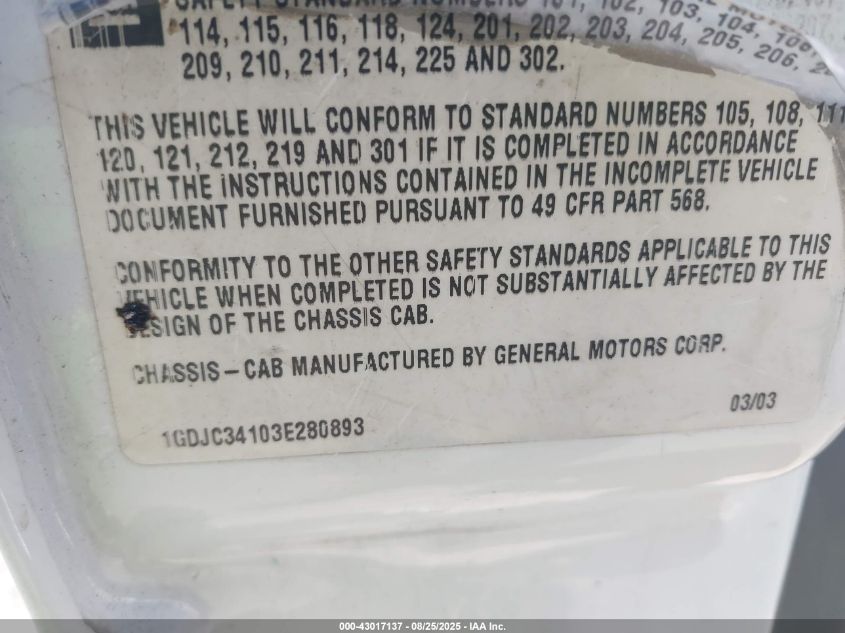 2003 GMC Sierra 3500 Chassis VIN: 1GDJC34103E280893 Lot: 43017137