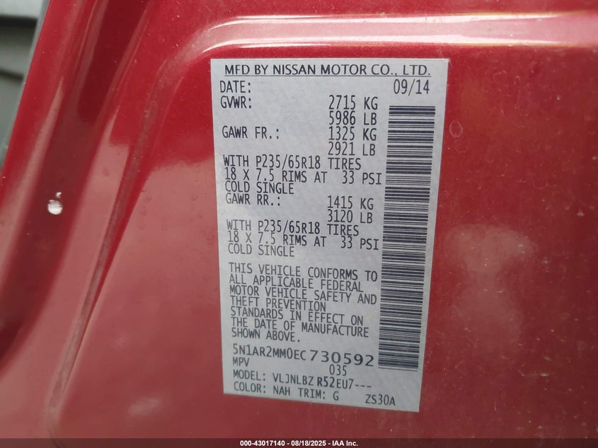 2014 NISSAN PATHFINDER S 5N1AR2MM0EC730592