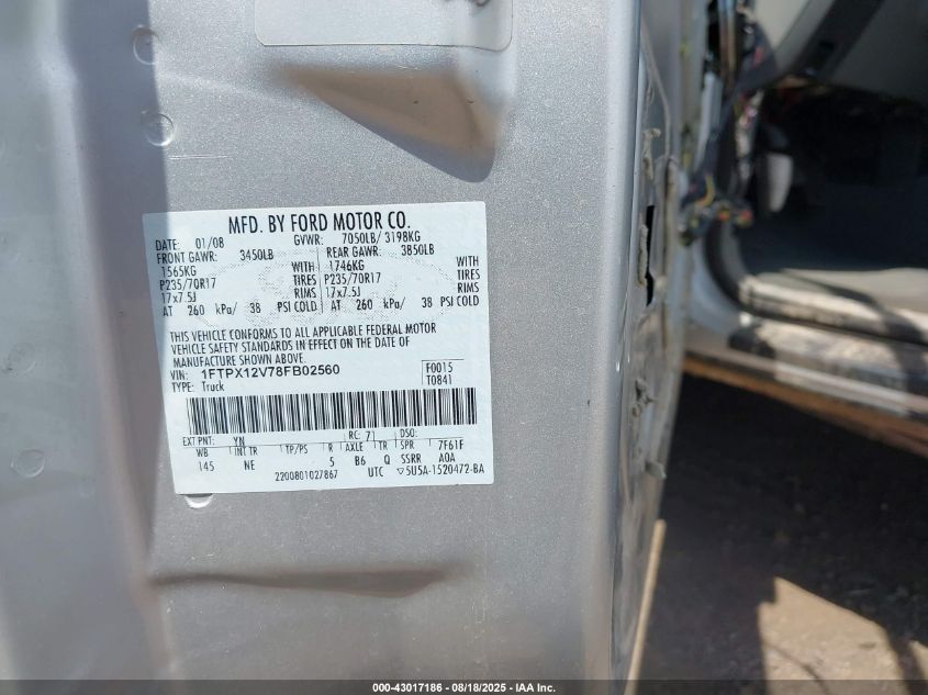 2008 Ford F-150 Fx2/Lariat/Xl/Xlt VIN: 1FTPX12V78FB02560 Lot: 43017186