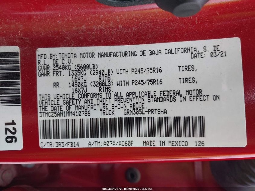 2021 Toyota Tacoma Sr V6 VIN: 3TMCZ5AN1MM410786 Lot: 43017272