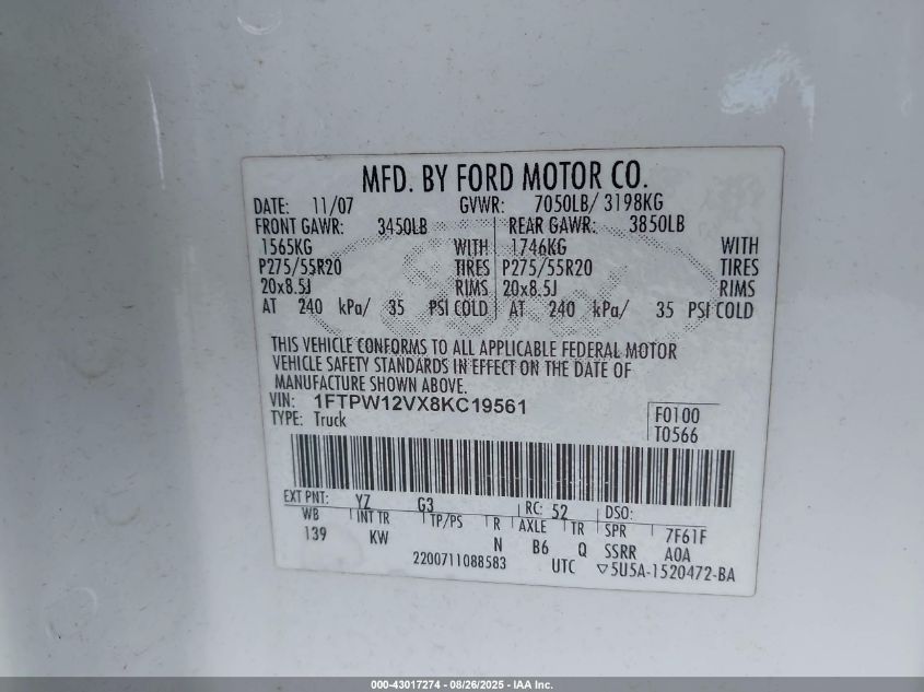 2008 Ford F-150 60Th Anniversary/Fx2/King Ranch/Lariat/Xlt VIN: 1FTPW12VX8KC19561 Lot: 43017274