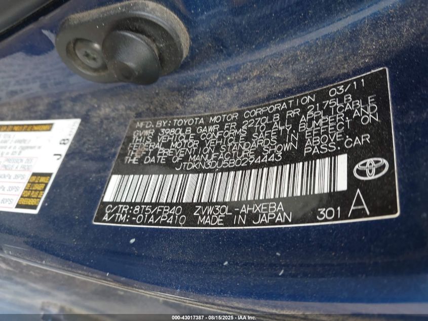 2011 Toyota Prius Two VIN: JTDKN3DU5B0294443 Lot: 43017387