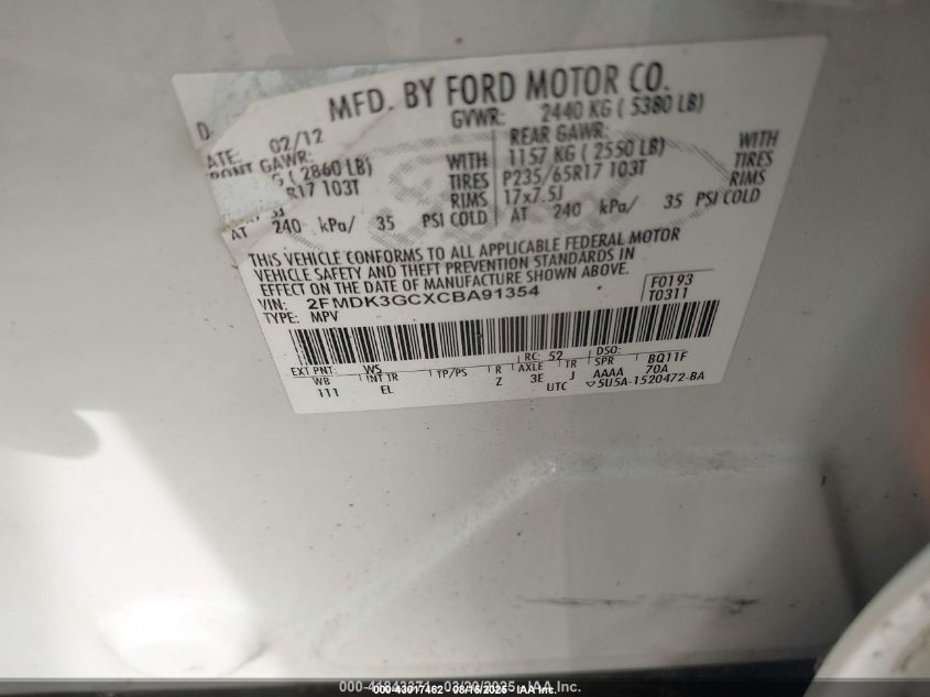 2012 Ford Edge Se VIN: 2FMDK3GCXCBA91354 Lot: 43017462