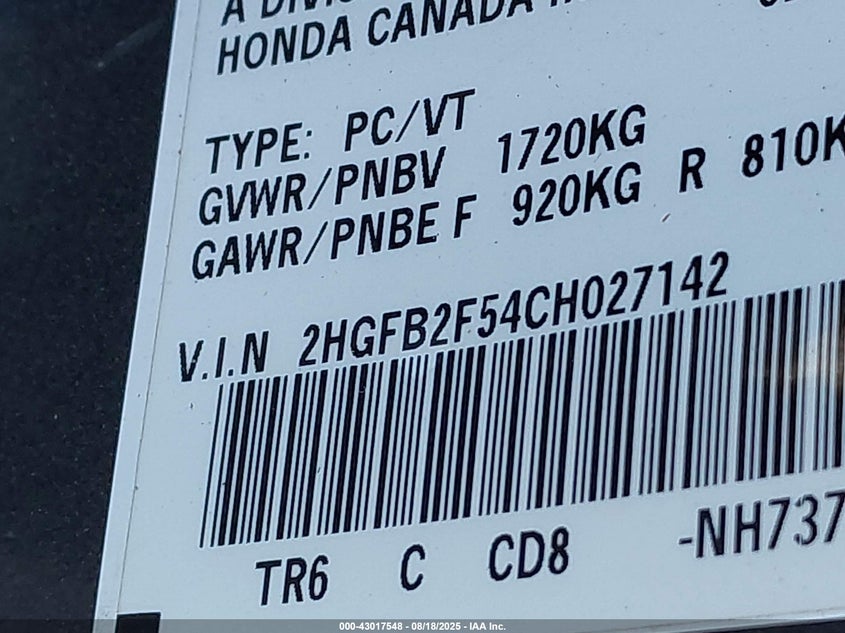 2012 Honda Civic Lx VIN: 2HGFB2F54CH027142 Lot: 43017548