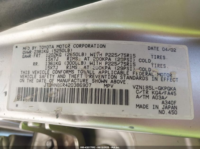 2002 Toyota 4Runner Sr5 V6 VIN: JT3HN86R420386907 Lot: 43017592