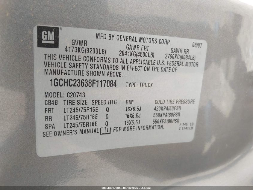 2008 Chevrolet Silverado 2500Hd Lt1 VIN: 1GCHC23638F117084 Lot: 43017605