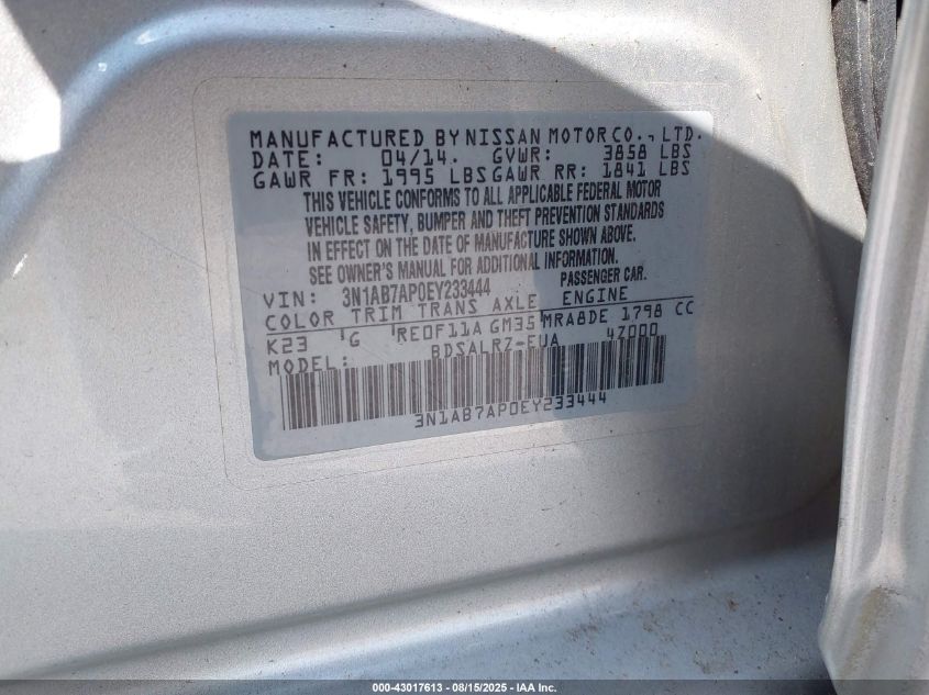 2014 Nissan Sentra Sr VIN: 3N1AB7AP0EY233444 Lot: 43017613