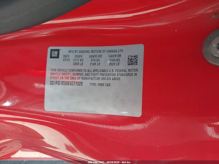 2014 Chevrolet Camaro 2Lt VIN: 2G1FG1E36E9277028 Lot: 43017627