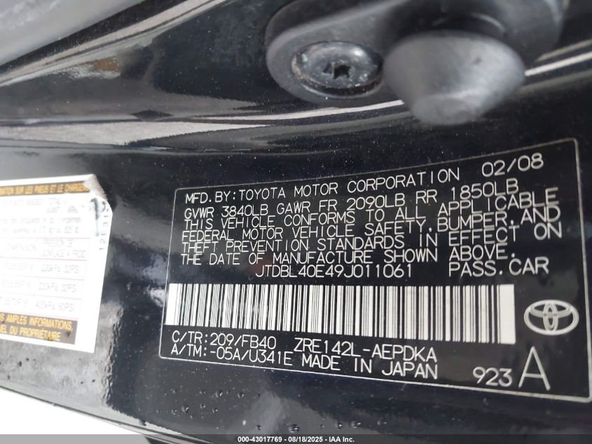 2009 Toyota Corolla Le VIN: JTDBL40E49J011061 Lot: 43017769