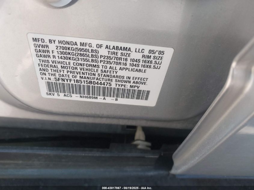 2005 Honda Pilot Ex-L VIN: 5FNYF18515B044475 Lot: 43017867