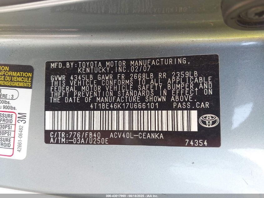 2007 Toyota Camry Le VIN: 4T1BE46K17U666101 Lot: 43017969