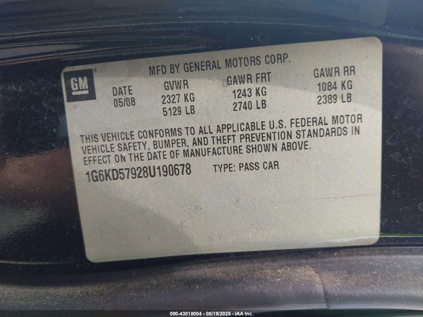 2008 Cadillac Dts 1Se VIN: 1G6KD57928U190678 Lot: 43018004