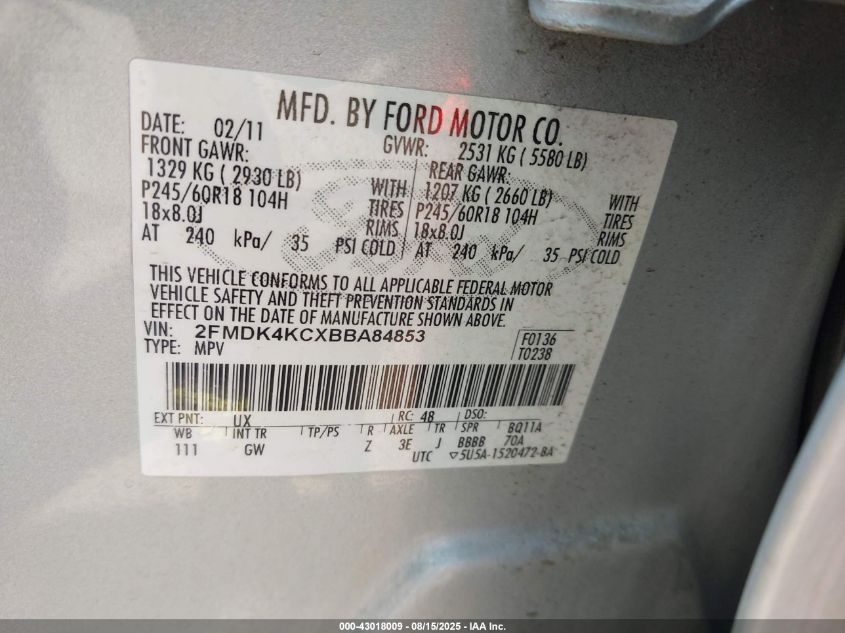 2011 Ford Edge Limited VIN: 2FMDK4KCXBBA84853 Lot: 43018009