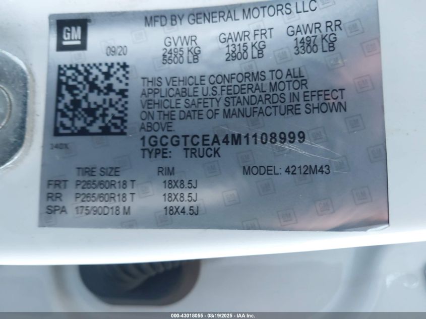 2021 Chevrolet Colorado 2Wd Short Box Wt VIN: 1GCGSBEA4M1108952 Lot: 43018055