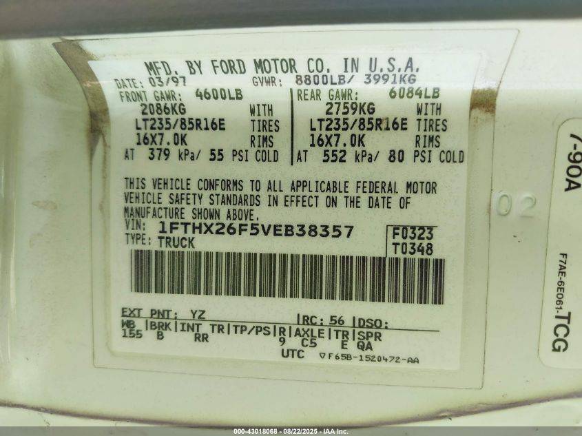 1997 Ford F-250 Xl VIN: 1FTHX26F5VEB38357 Lot: 43018068