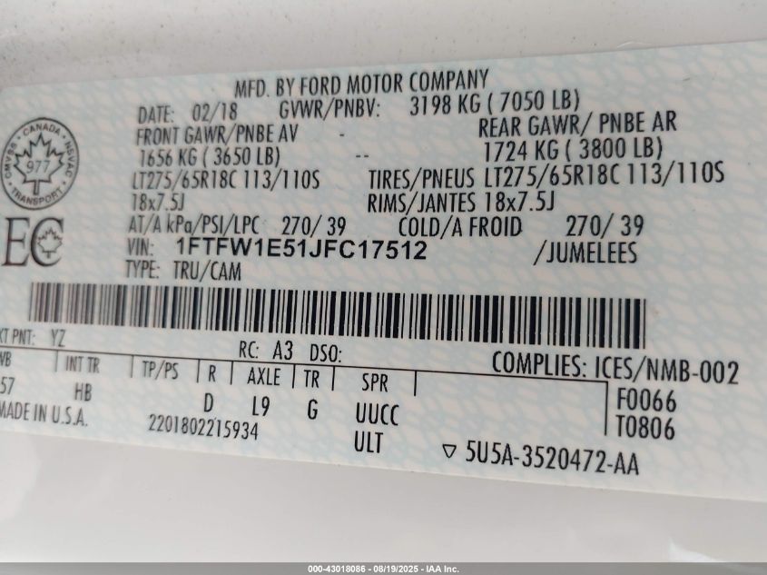 2018 Ford F-150 Lariat VIN: 1FTFW1E51JFC17512 Lot: 43018086