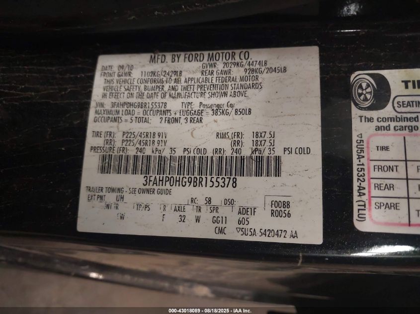 2011 Ford Fusion Se VIN: 3FAHP0HG9BR155378 Lot: 43018089