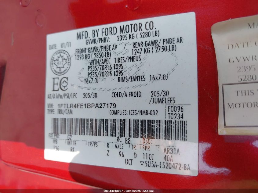 2011 Ford Ranger Sport VIN: 1FTLR4FE1BPA27179 Lot: 43018097