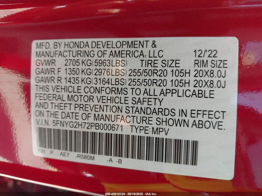 2023 Honda Pilot 2Wd Touring VIN: 5FNYG2H72PB000671 Lot: 43018124