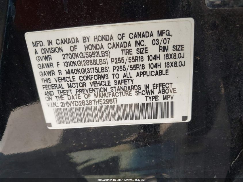 2007 Acura Mdx Technology Package VIN: 2HNYD28387H529617 Lot: 43018146