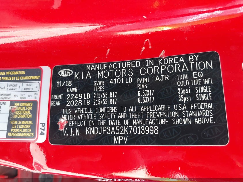 2019 Kia Soul + VIN: KNDJP3A52K7013998 Lot: 43018183