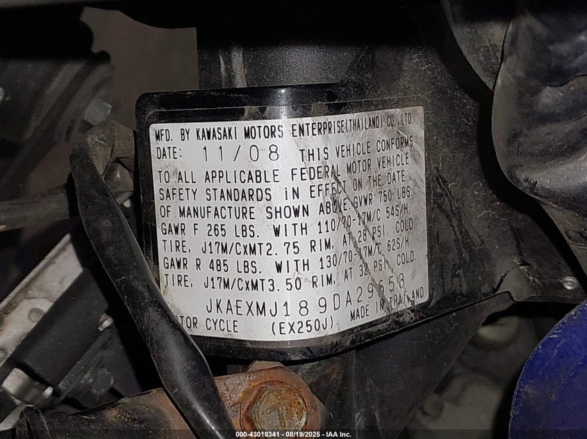 2009 Kawasaki Ex250 J VIN: JKAEXMJ189DA29653 Lot: 43018341