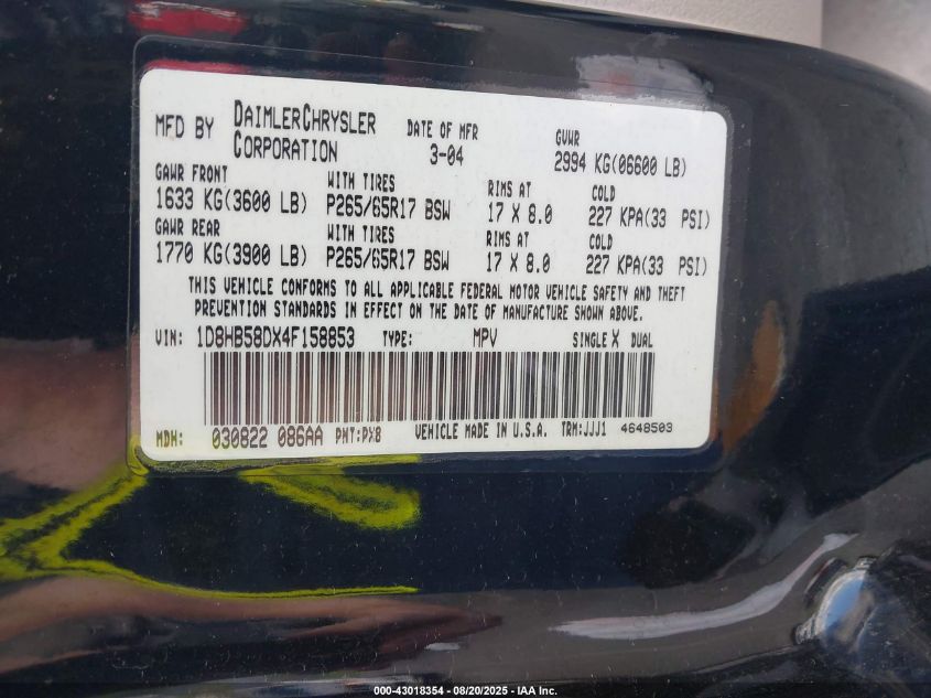 2004 Dodge Durango Limited VIN: 1D8HB58DX4F158853 Lot: 43018354