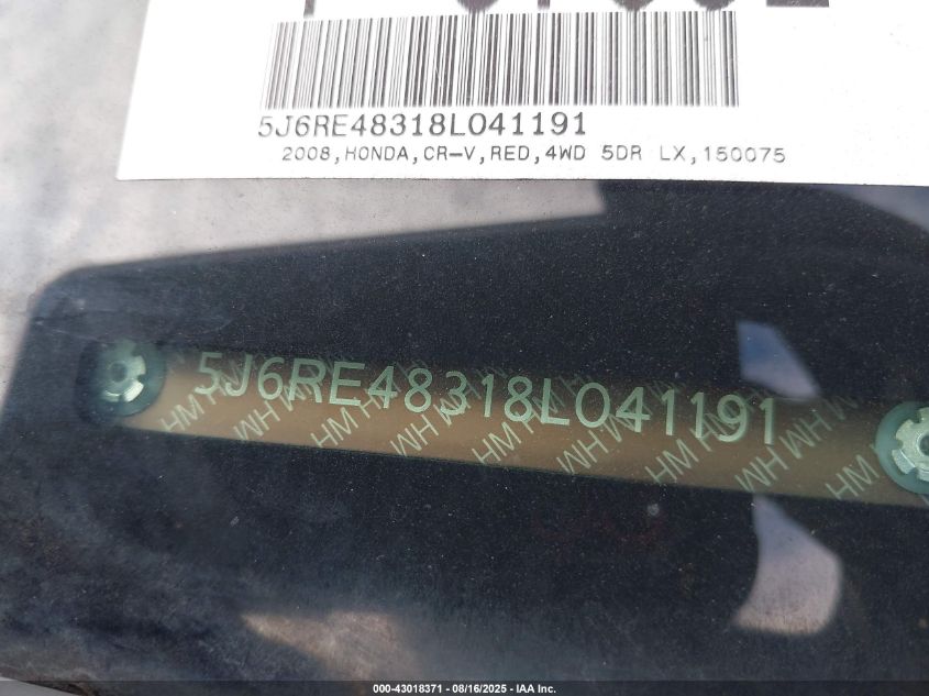 2008 Honda Cr-V Lx VIN: 5J6RE48318L041191 Lot: 43018371