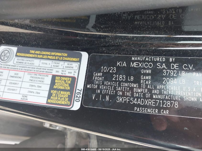 2024 Kia Forte Gt-Line VIN: 3KPF54ADXRE712878 Lot: 43018400